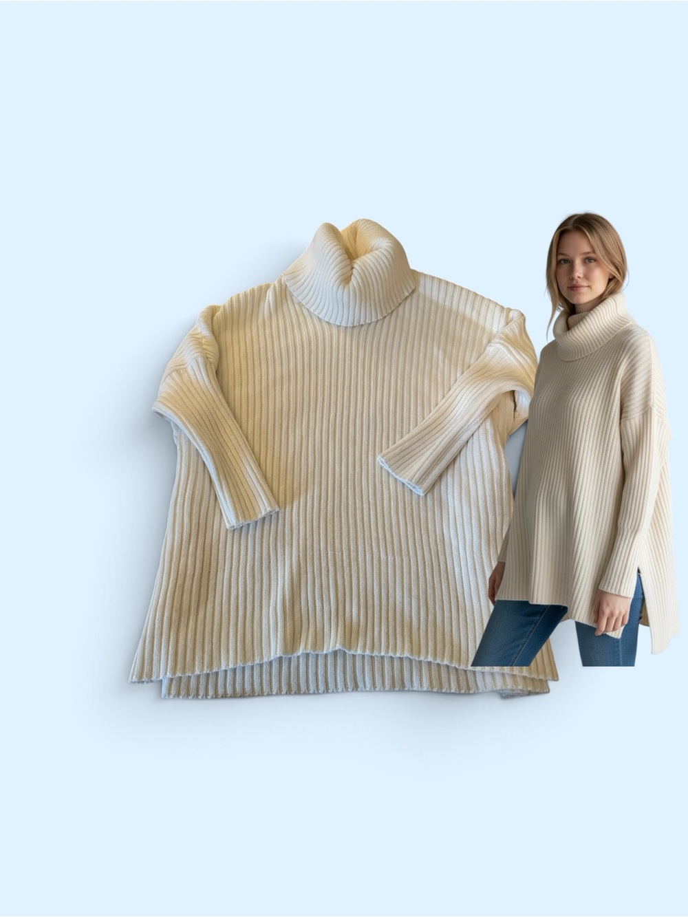 Mersea Cream Ribbed Turtleneck poncho Sweater